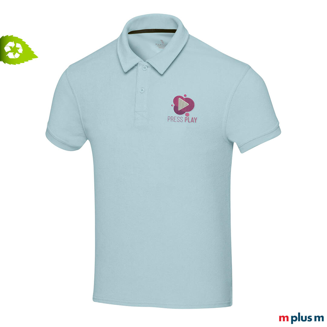 Nachhaltiges Frottee Poloshirt in Hellblau mit Logo-Druck – jetzt schnell liefern lassen