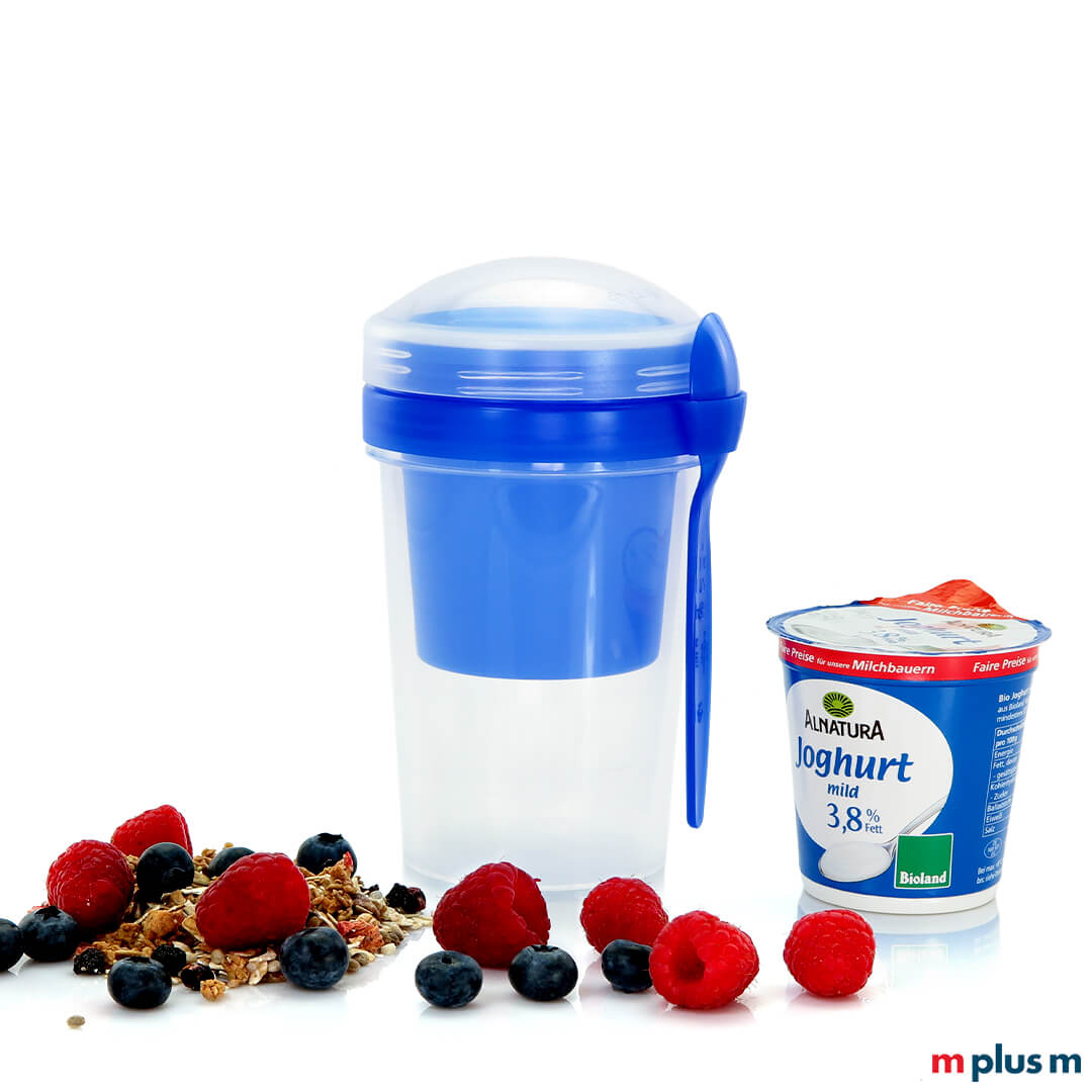 Müslibecher blau mit 2 Fächern Müsli To Go Becher aus Deutschland als Werbeartikel oder Give Away mit Logo bedrucken mit 2 Fächern