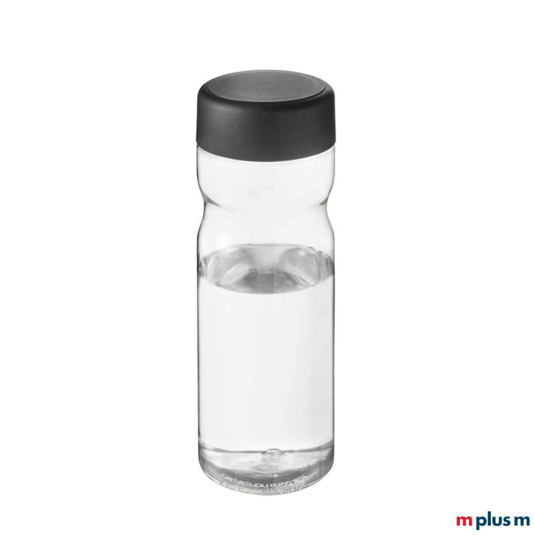 Transparente Sportflasche mit grauem Deckel und Logo-Druck