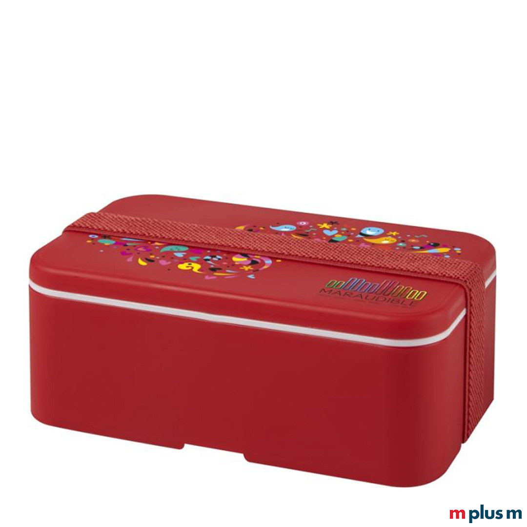 Die nachhaltige Lunchbox 'Miyo' in der Farbkombination: Box Rot und Recycling-Band Rot mit Logo bedrucken