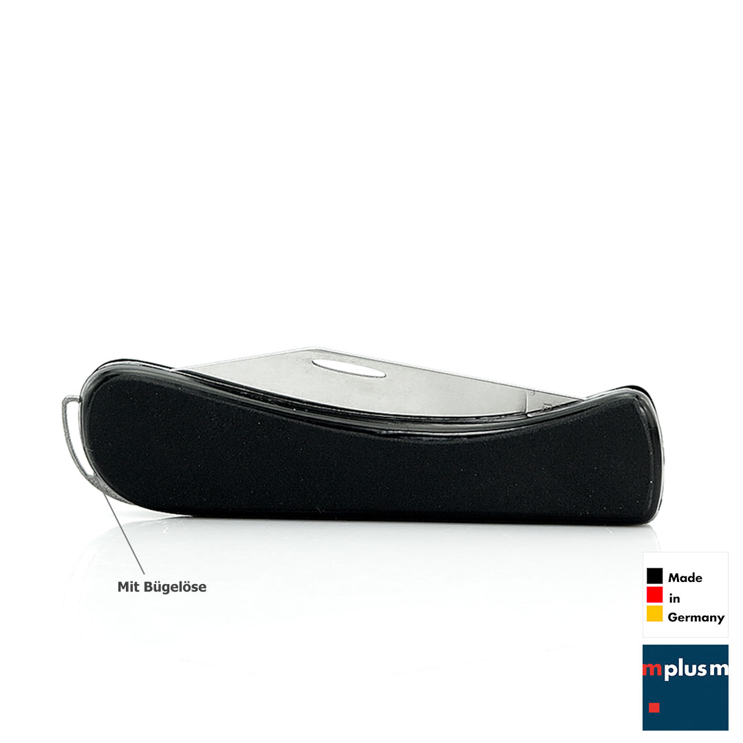 Schwarzes Solinger Taschenmesser mit Logo Druck. Werbegeschenk aus Deutschland