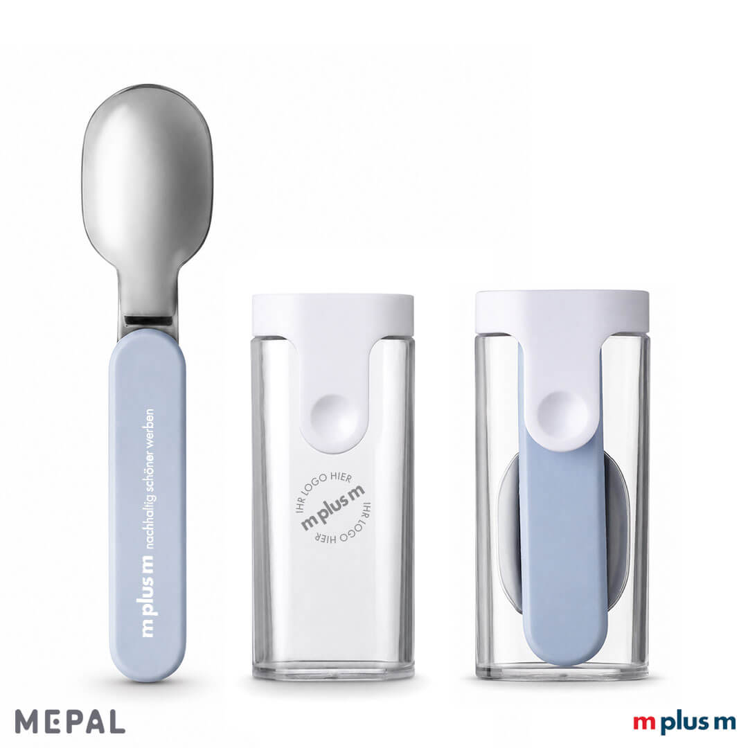 Faltbarer Ellipse Löffel von Mepal in Nordic Blue mit Logo Druck