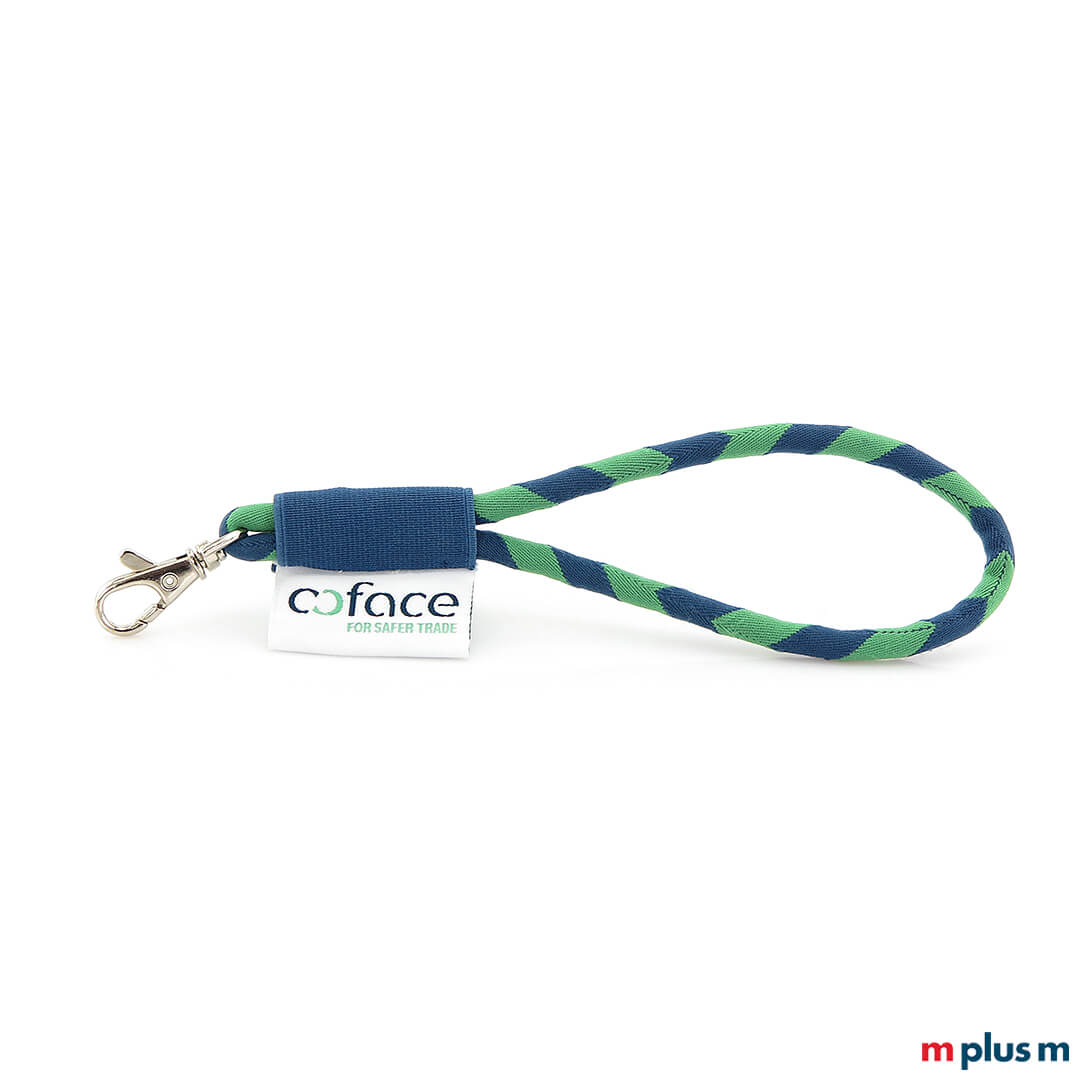Grün-blauer Schlüsselbund mit Logo bedruckt Grün-blauer Schlüsselbund mit Logo bedruckt