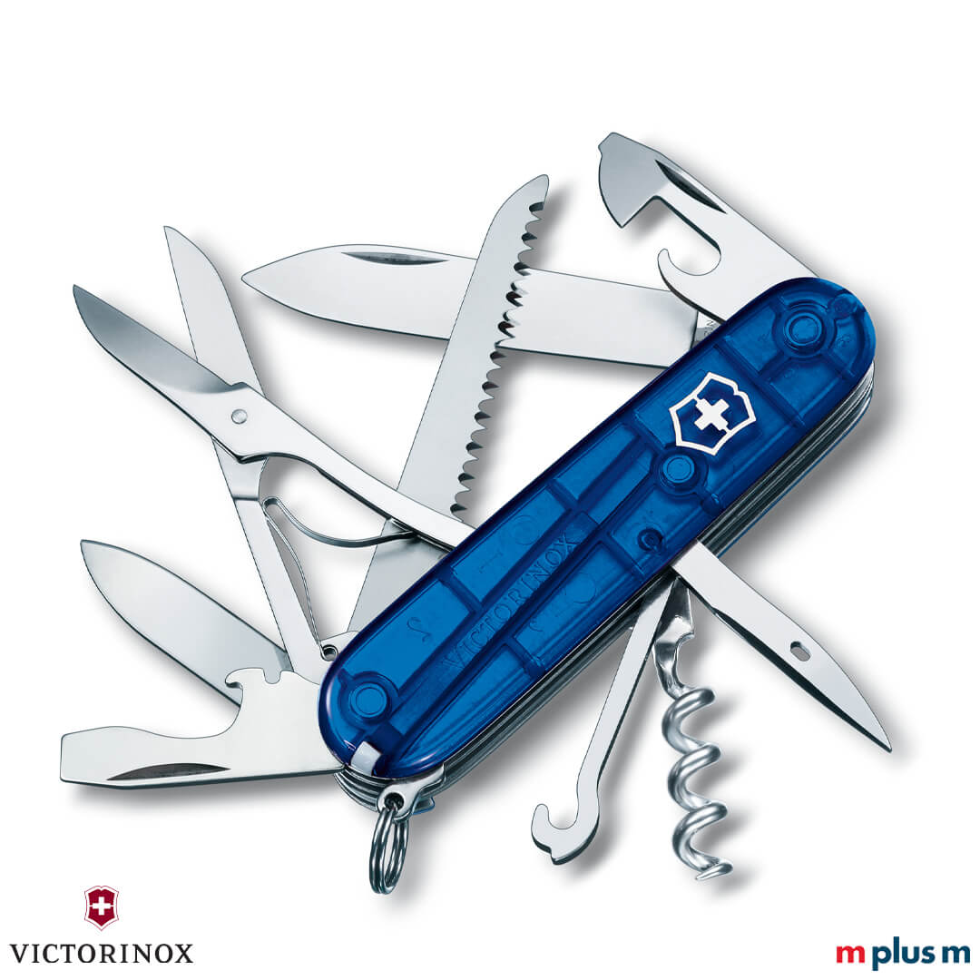 Alles dran: Das Victorinox Taschenmesser Huntsman mit transparent blauen Schalen mit Logo Gravur