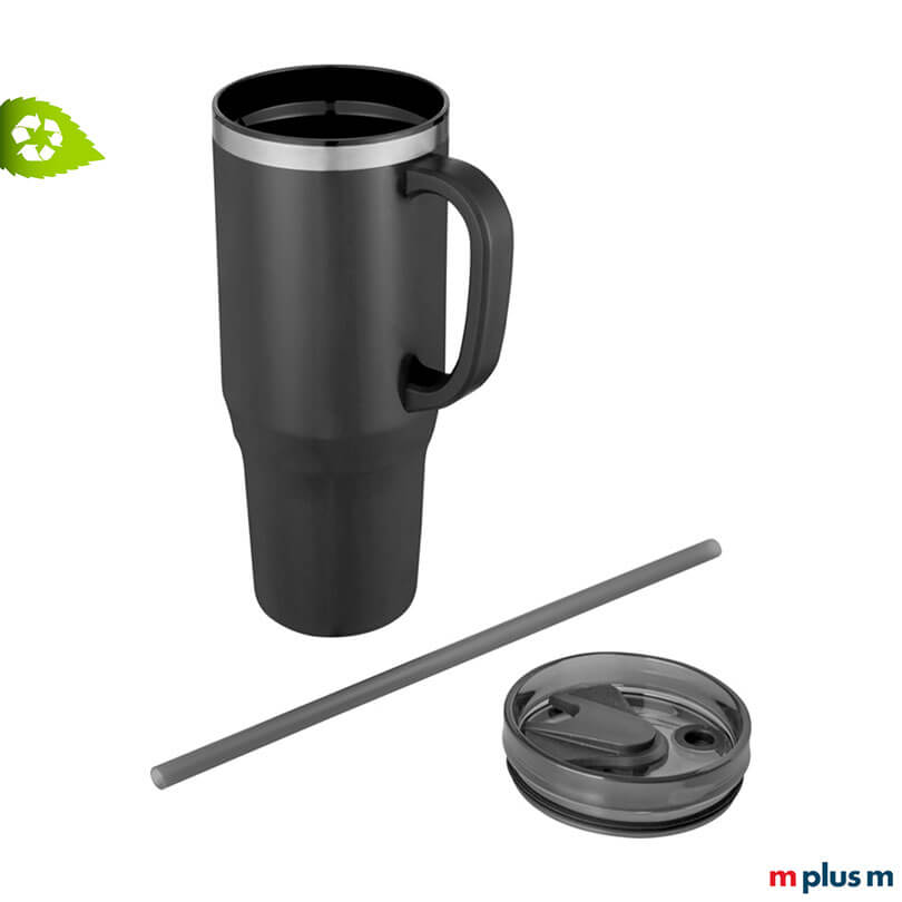 Miami Isolierbecher XXL Halm Grau Preiswerter XXL Thermobecher Miami mit Strohhalm als Werbegeschenk in Grau
