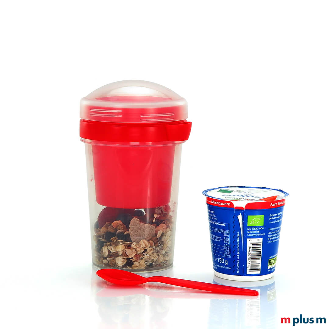 To Go Müslibecher mit 2 Fächern To Go Müslibecher mit Löffel. Aus Deutschland, für Müsli To Go und spülmaschinenfest.