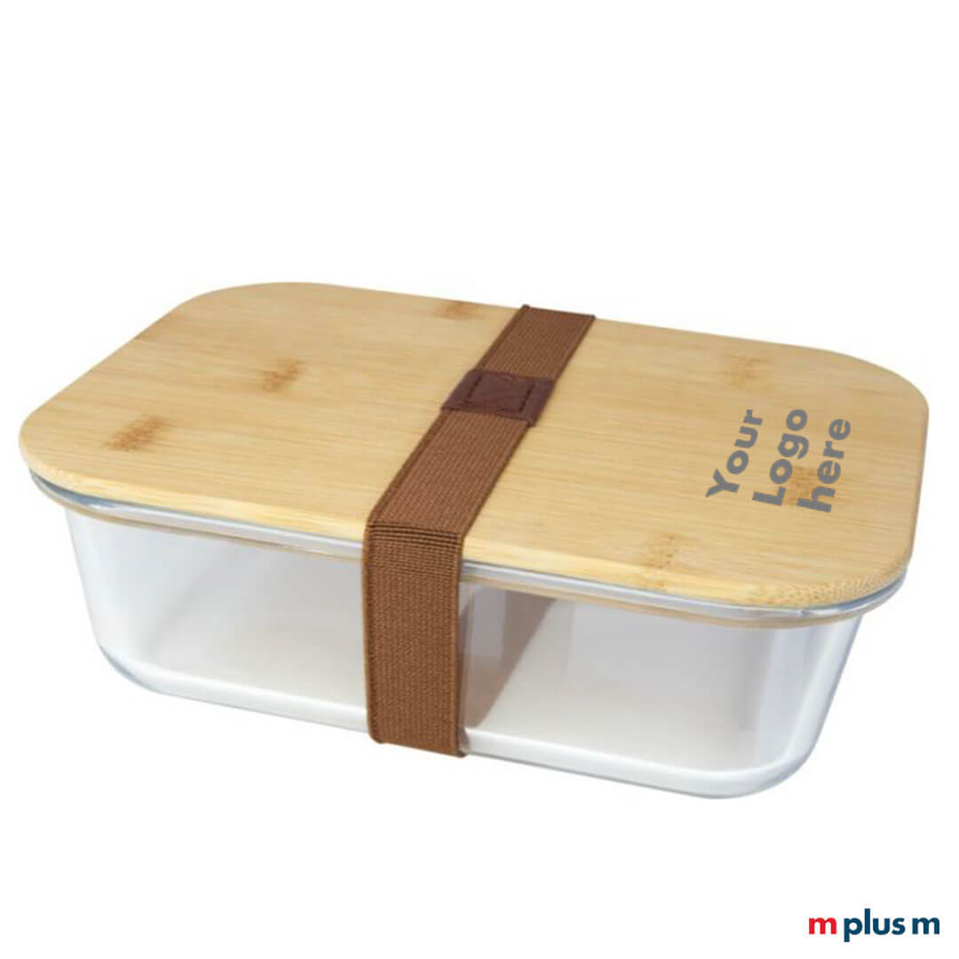 Glas-Bambus-Lunchbox-Roby-Werbeartikel Unsere 'Roby' Glasbox hat einen Deckel aus Bambusholz und hat ein Fassungsvolumen von 1.000 ml. Mit Logo Druck ein nachhaltiger Werbeartikel