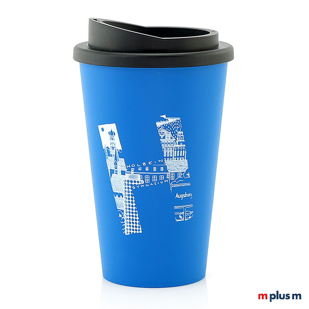 Recycelbarer Blauer Coffee To Go Thermobecher mit Logo für ein Gymnasium in Augsburg