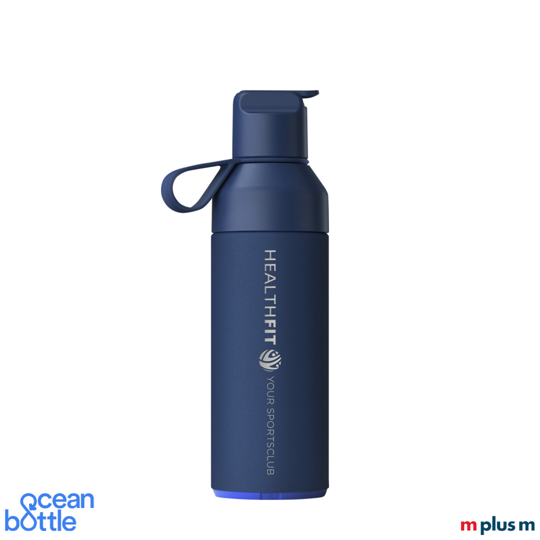 Nachhaltige dunkelblaue Sportflasche mit Ihrem Logo gravieren