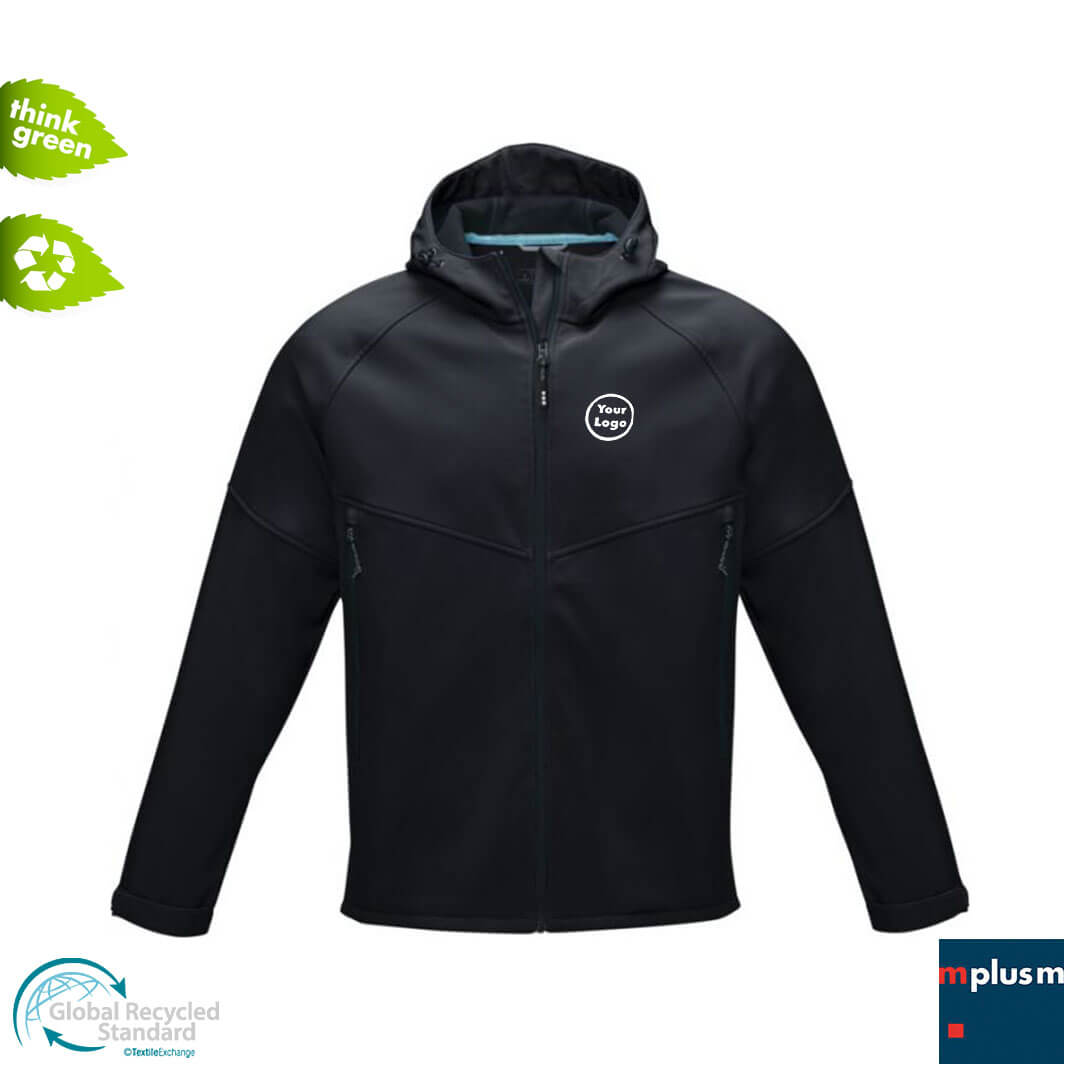 Recycling-Softshell-Jacke-mit-Logo-schwarz Schwarze Softshell Jacke aus Recycling Material. Team Bekleidung mit Logodruck S
