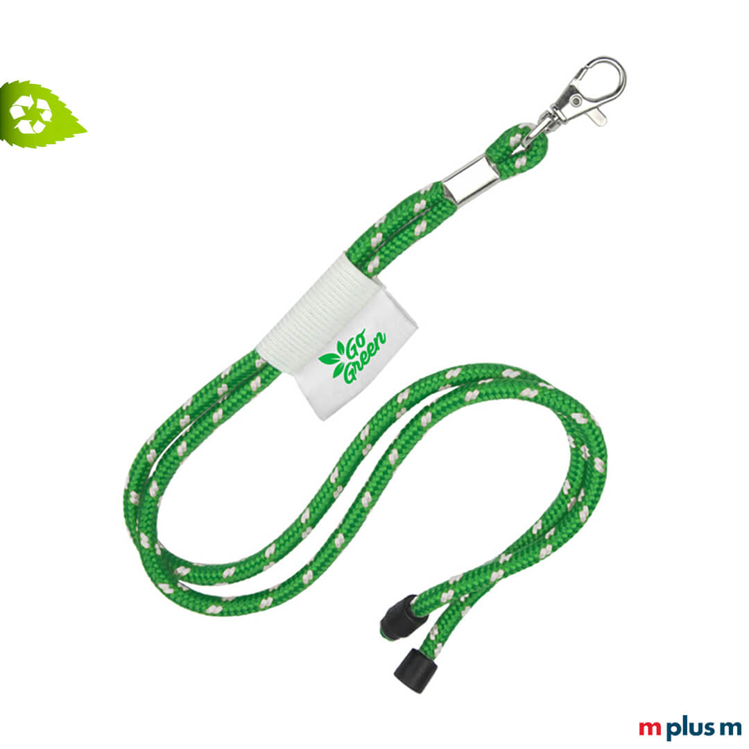 Grünes Recycling Kordel Lanyard auf Textilfahne mit Logo bedrucken Günstiges Recycling Kordel Lanyard in kleinen Menge in Wunschfarbe und mit Logo bedrucken