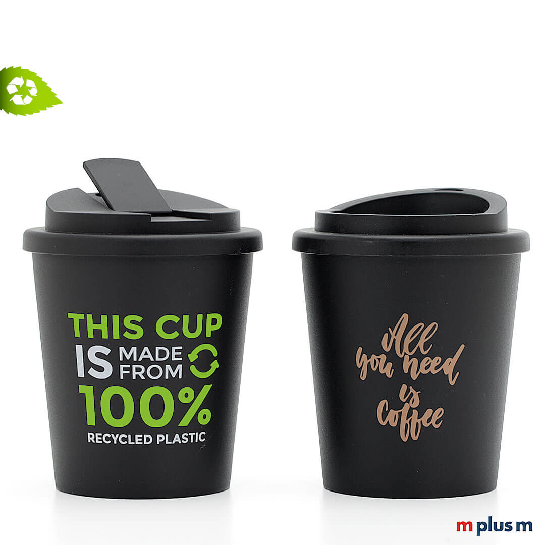Recycling-Thermobecher-Early-Bird-bedrucken Schön und nachhaltig. Kleiner Coffee To Go Thermobecher aus 100% Recyclingmaterial