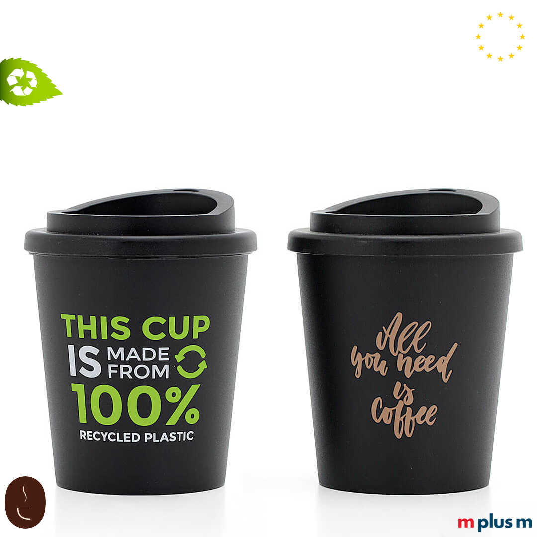 Schwarzer Recycling Coffee Shop Thermobecher, spülmaschinenfest und mit Logo bedruckbar, ideal als nachhaltiger Werbeträger