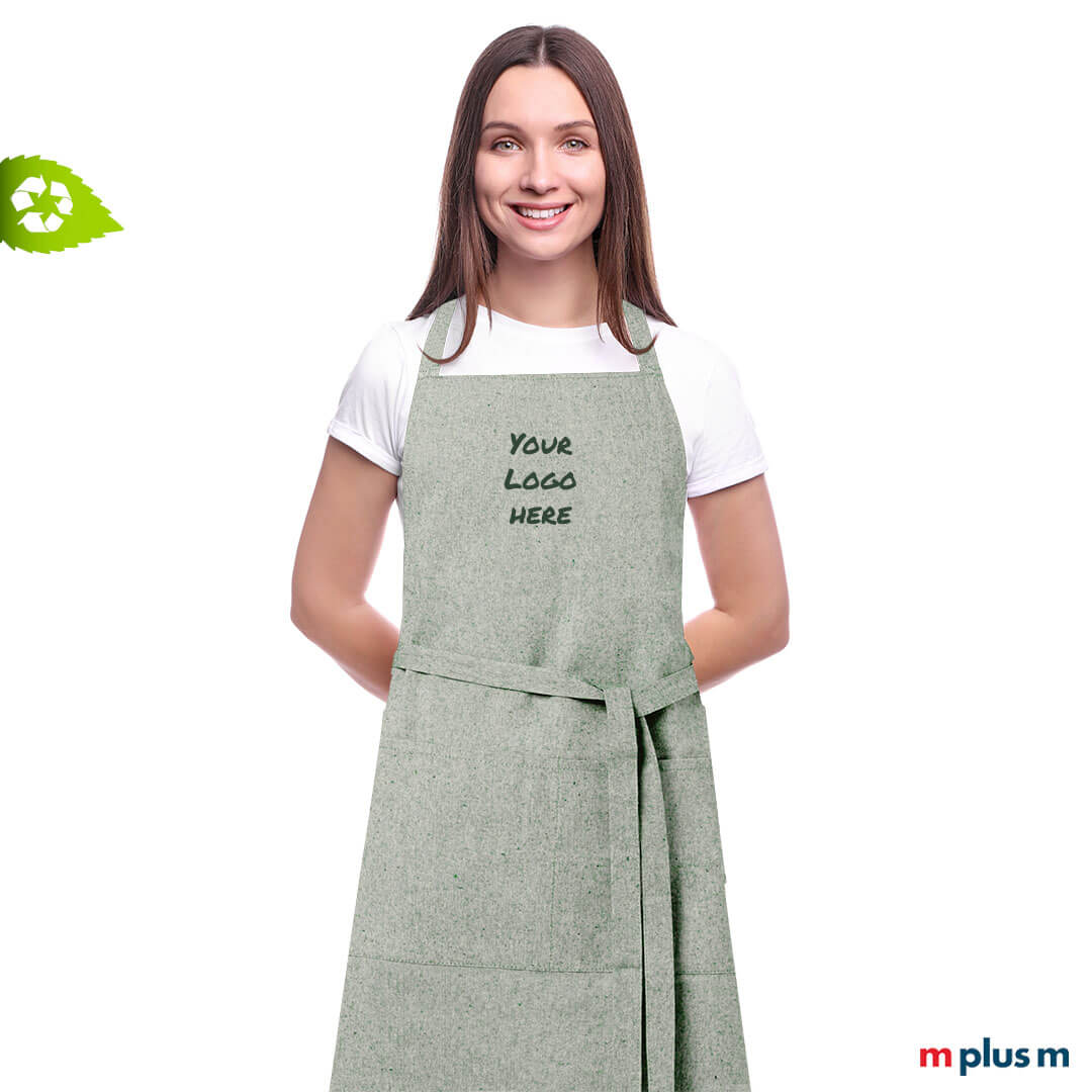 Baumwoll-Latzschuerze-ASA-bedrucken Nachhaltige Kellner Latzschürze Asador aus Recycling Baumwolle in Farbe Grün mit Ihrem Logo bedrucken