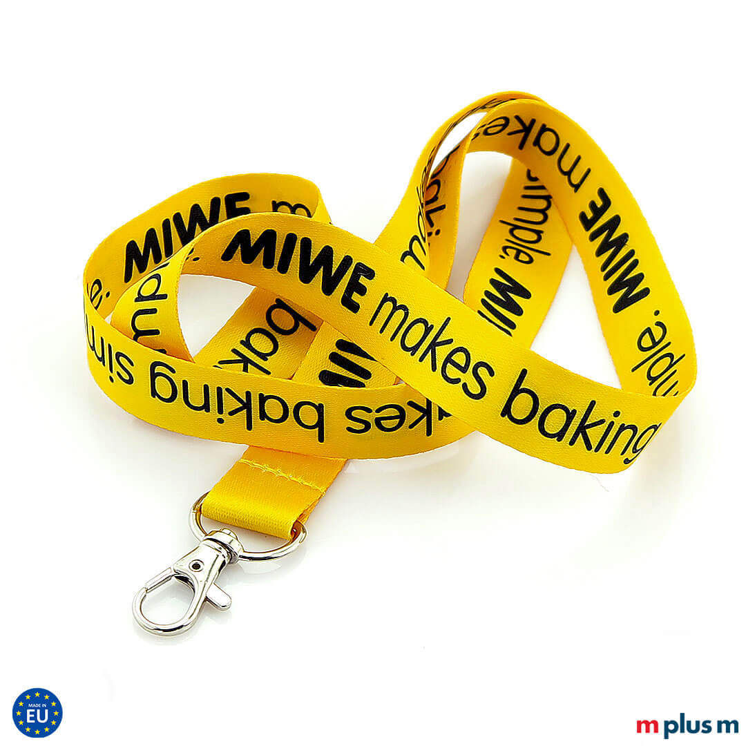Eco Soft Lanyard Giveaway in Gelb mit Logo bedrucken Preiswertes Lanyard Schlüsselband aus Europa. Als Werbeartikel komplett mit Design zu personalisieren.