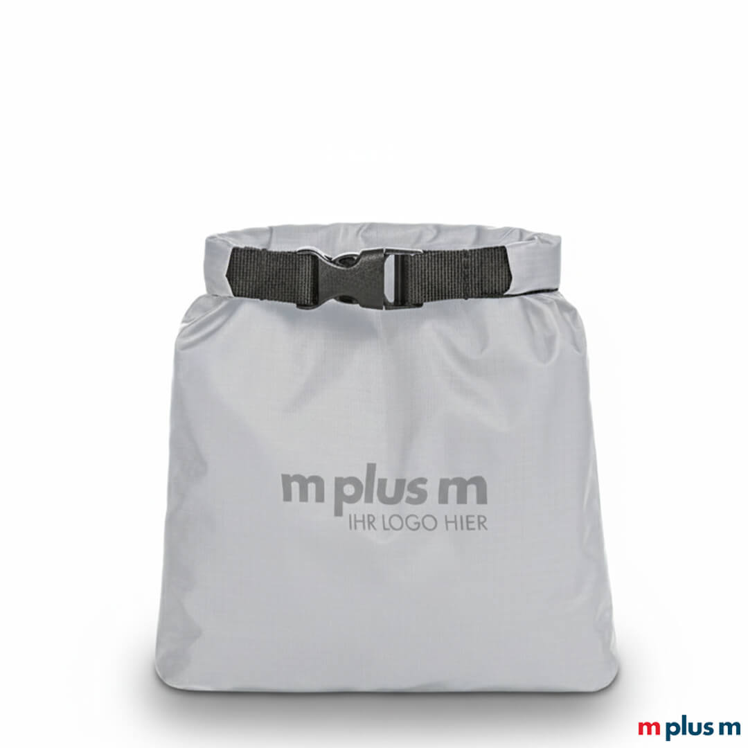 Grauer Drybag Safe 1,4 l aus leichtem Polyester mit verschweißten Nähten, wasserfester Packsack PVC-frei hochwertig mit Logo bedrucken