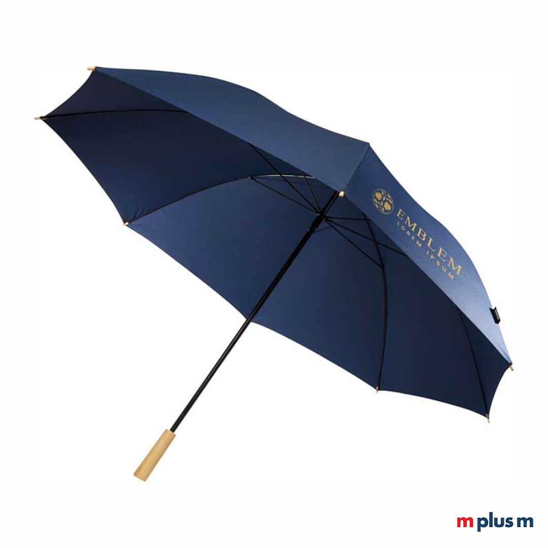 Dunkelblauer-Regenschirm-mit-eigenem-Logo-bedrucken-als-hochwertiger-Werbeartikel-RE Dunkelblauer großer Regenschirm aus nachhaltigem RPET Material mit Ihrer Werbung gestalten.