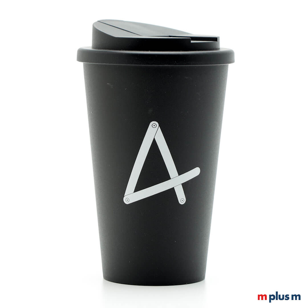 Nachhaltiger-Coffee-To-Go-Becher-CS1-schwarz-1c-CD Recycelbarer Thermobecher aus Europa. Isoliert und mit verschließbarem Deckel. Hier in Farbe schwarz und mit 1c Druck.