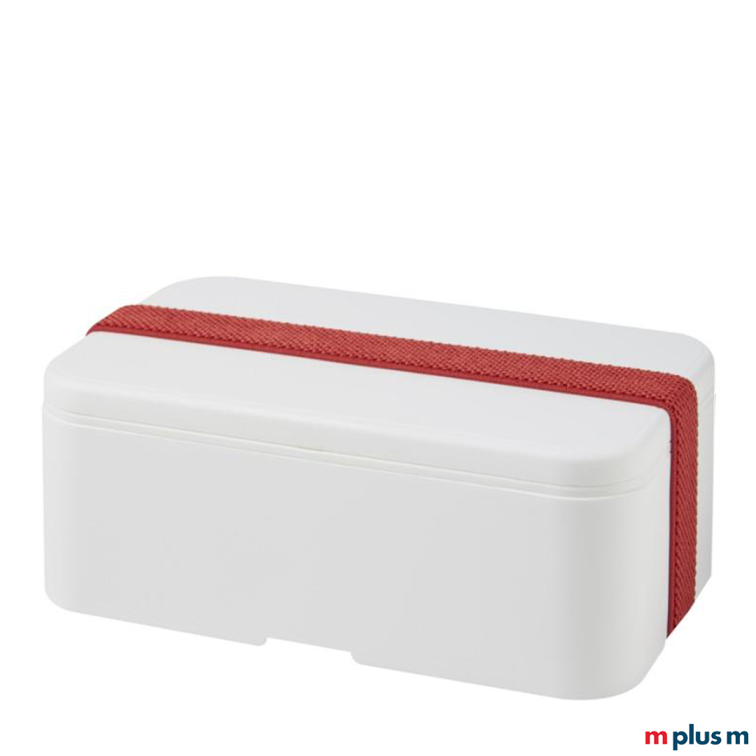 Die nachhaltige Lunchbox 'Miyo' in der Farbkombination: Box weiß und Recycling-Band rot als Werbeartikel bedrucken