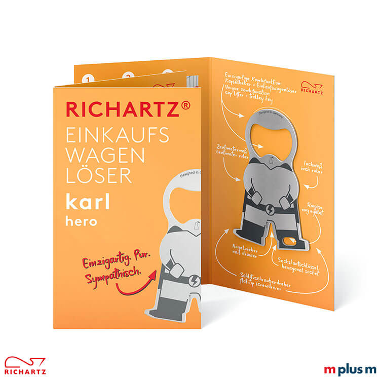 Einzelverpackung karl hero als Werbeartikel Die Klappkarte beim karl hero Einkaufswagenlöser hier mit dem Standardmotiv. Ab 250 Stück ist eine Personalisierung der Einzelverpackung möglich. Fragen Sie das Angebot an!
