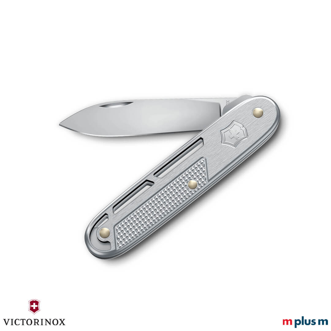 Silbernes Onefold Alox Taschenmesser mit Aluminium-Schalen, Swiss Made Verarbeitung und Gravur möglich