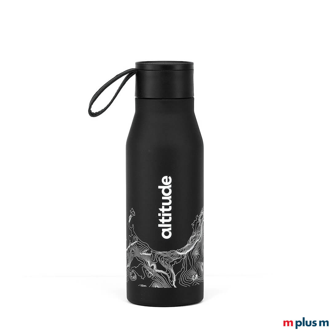 Schwarze Trinkflasche mit weißem Logo bedruckt Schwarze Trinkflasche mit weißem Logo bedruckt