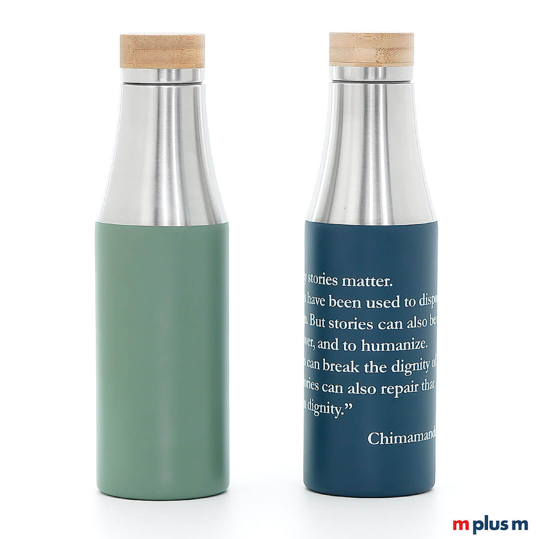 Schöne Kiruna Edelstahl Thermosflasche mit Holzdeckel rundum zu bedrucken Schöne Kiruna Edelstahl Thermosflasche mit Holzdeckel rundum zu bedrucken