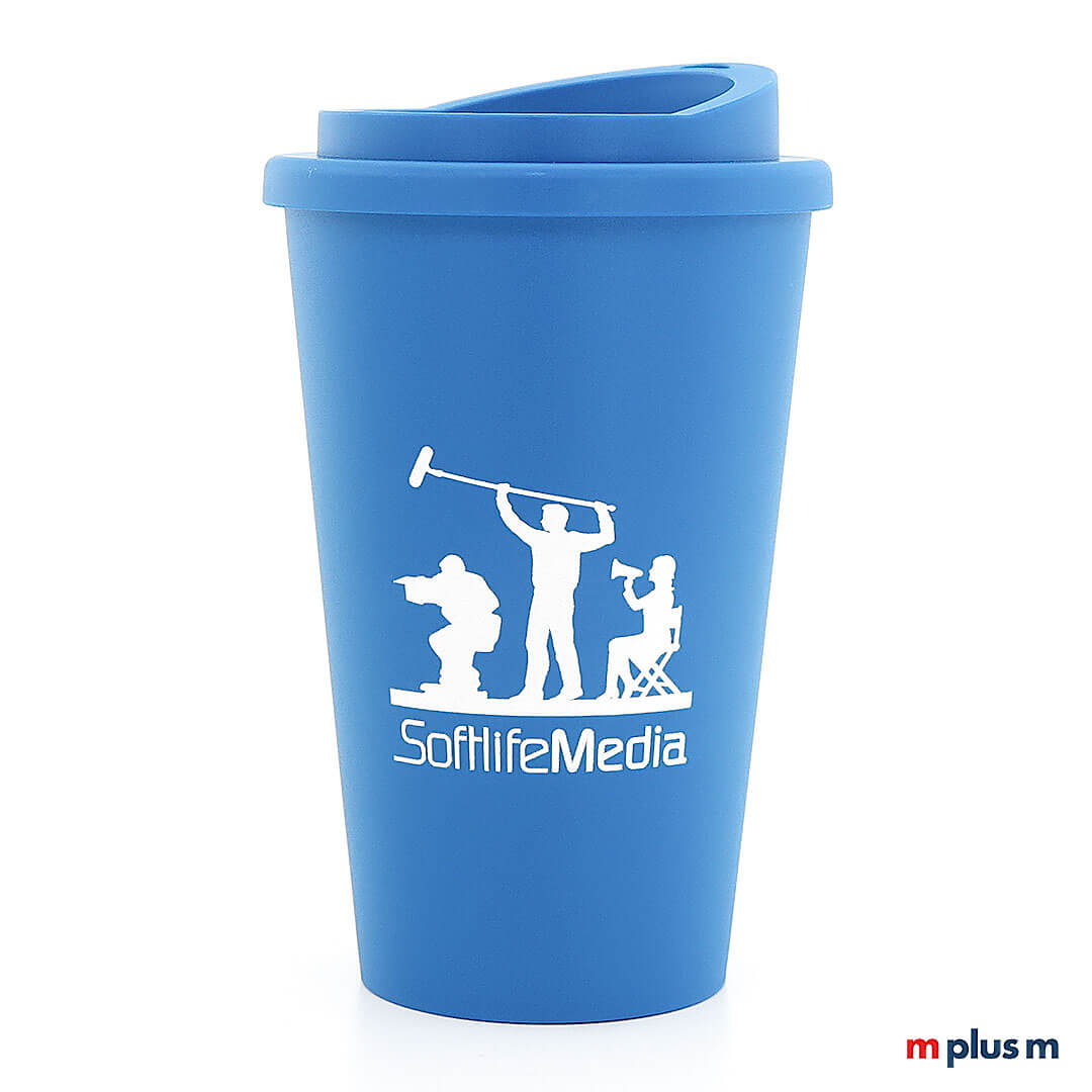 Thermobecher-mit-eigenem-Design-bedrucken Blauer Kaffeebecher mit weißem Logo