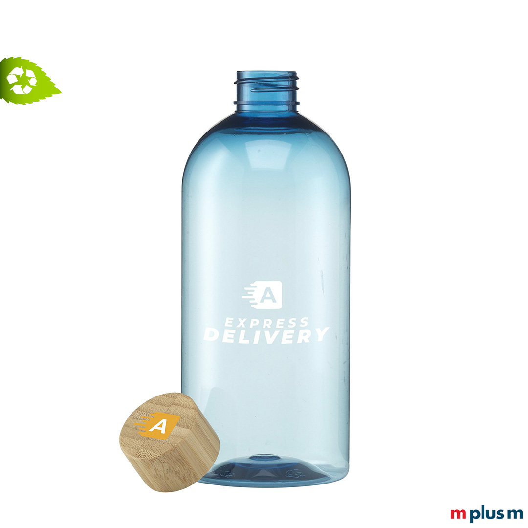Hellblau transparente RPET Trinkflasche als Werbeartikel