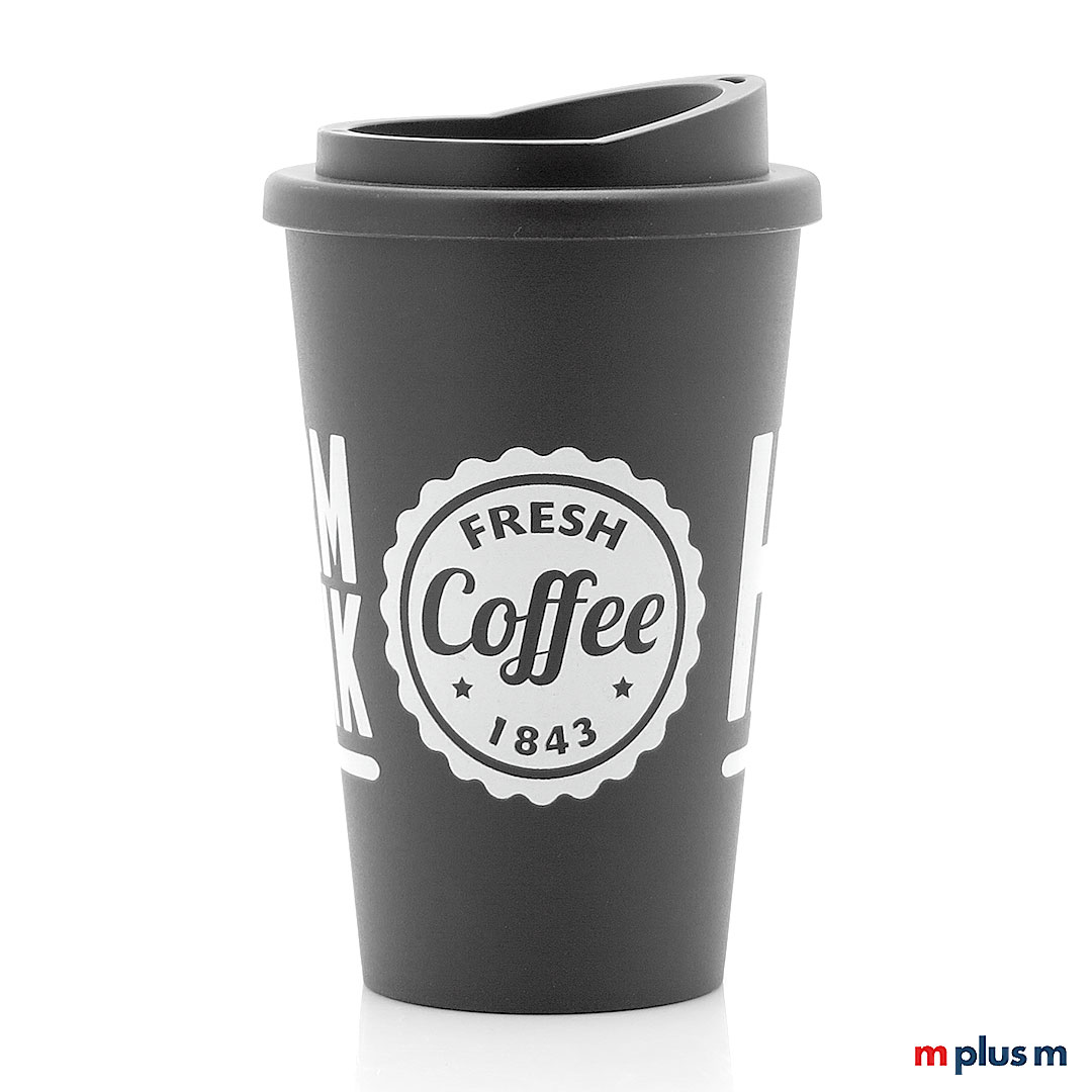 Grauer Thermobecher Coffee Shop aus Europa als nachhaltiger Werbeartikel mit 1c Logo bedrucken. Spülmaschinenfest.
