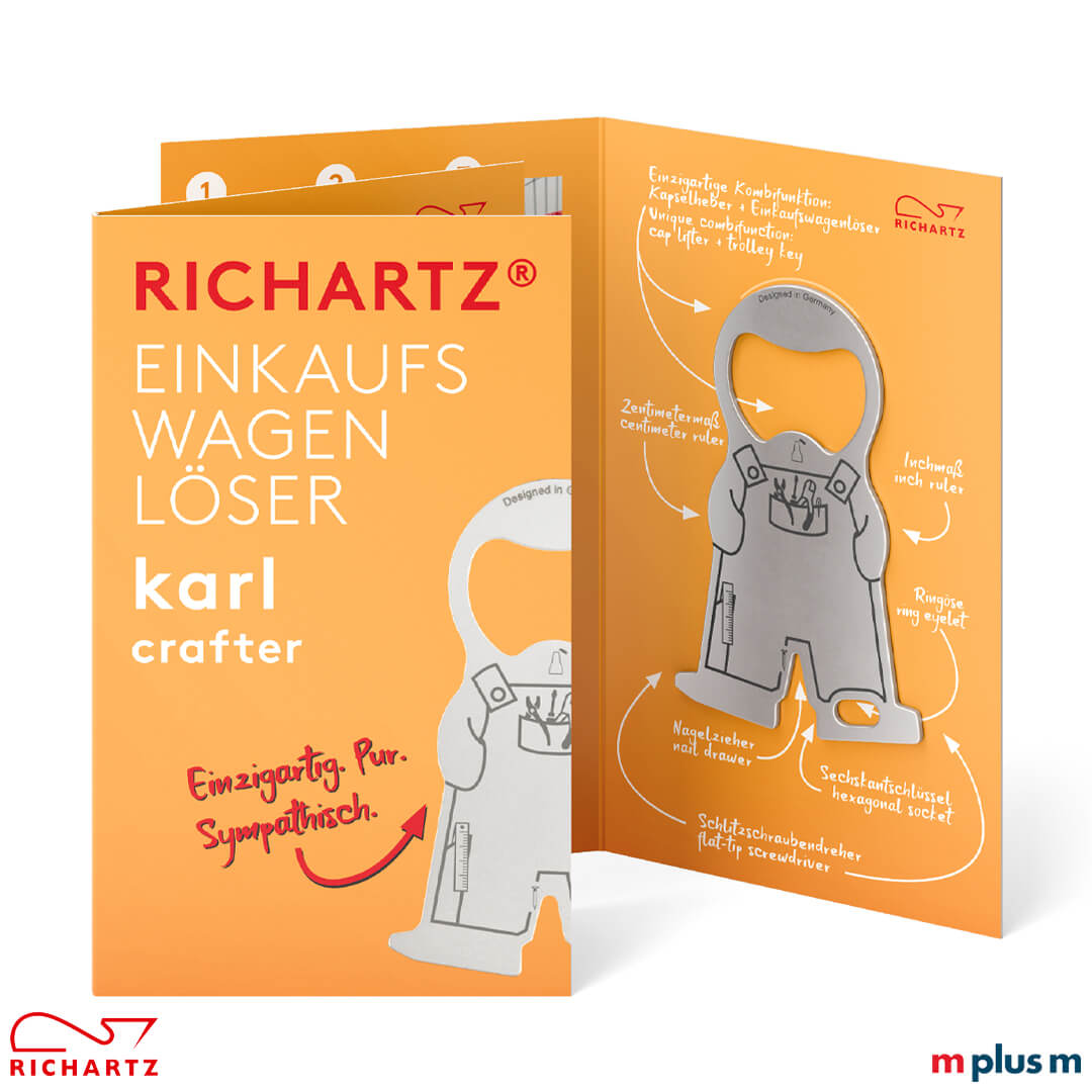 Richartz Einkaufswagenchip Karl mit individuellem Logo bedruckt als nachhaltiger Werbeartikel Schöne Einzelverpackung mit Standardmotiv oder auch individuell bedruckbar ab 250 Stück. Der Einkaufswagenlöser karl crafter ist ein schöner und preiswerter Werbeartikel