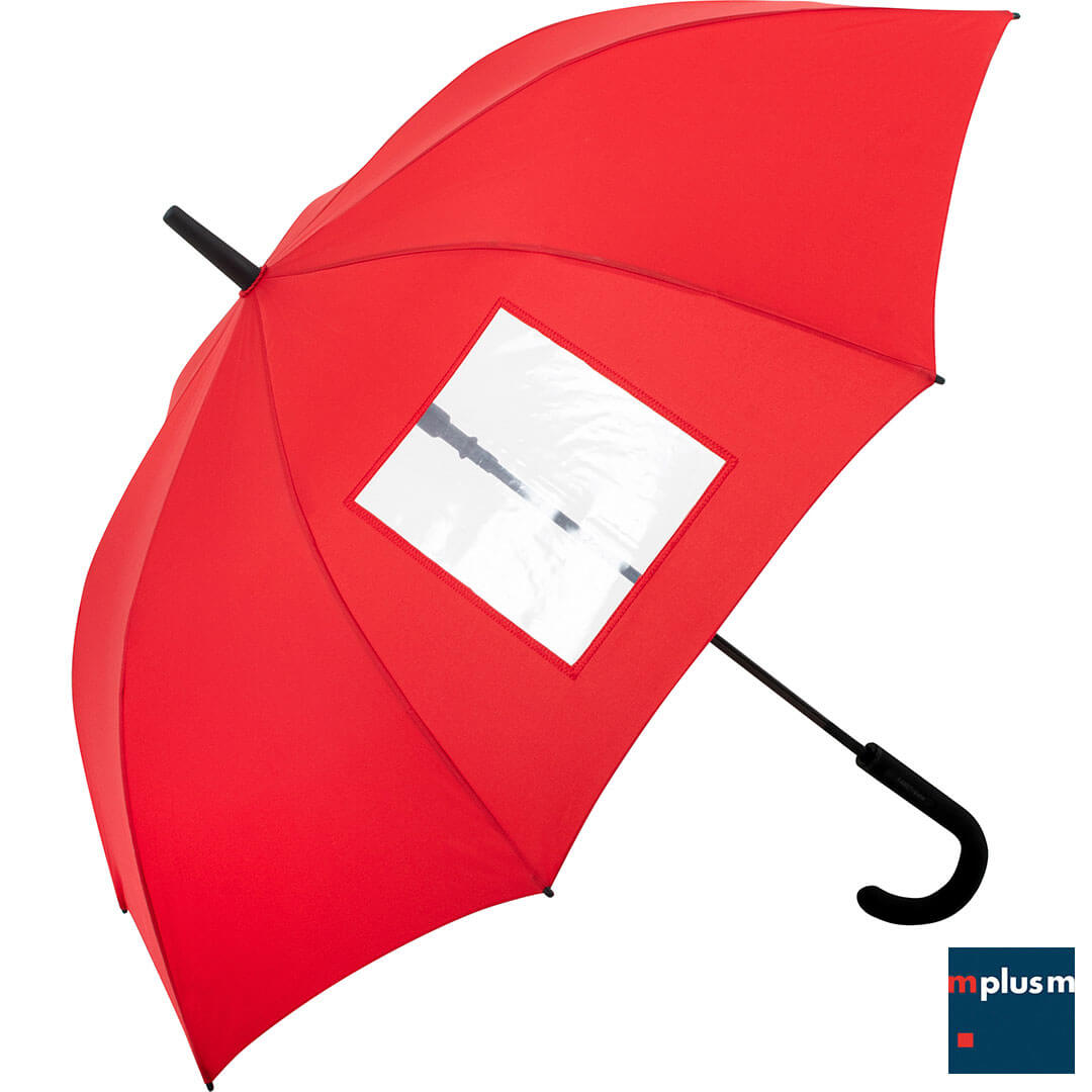 Roter-Regenschirm-mit-Sichtfenster-und-Logo-Druck Roter Stockschirm mit eingebautem Sichtfenster als Werbeartikel mit Ihrem Logo bedrucken