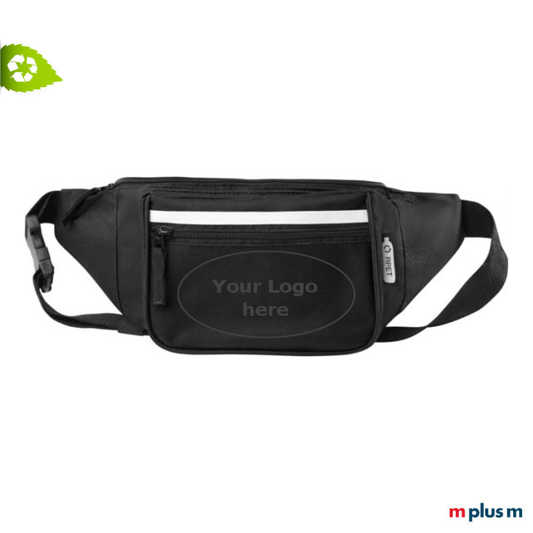 Schwarze Bauchtasche mit Logo bedrucken als nachhaltiger Werbeartikel. Schwarze Bauchtasche mit Logo bedrucken als nachhaltiger Werbeartikel.