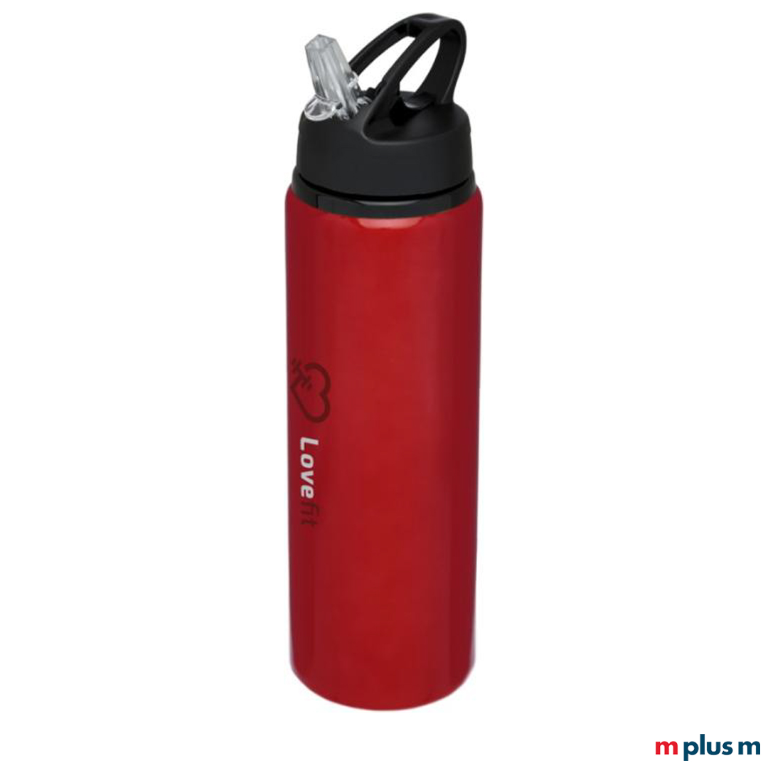 Alu Trinkflasche in Rot bedruckt mit Logo auslaufsicher verschließen dank Drehverschluss. Perfekt zum verschenken als Giveaway
