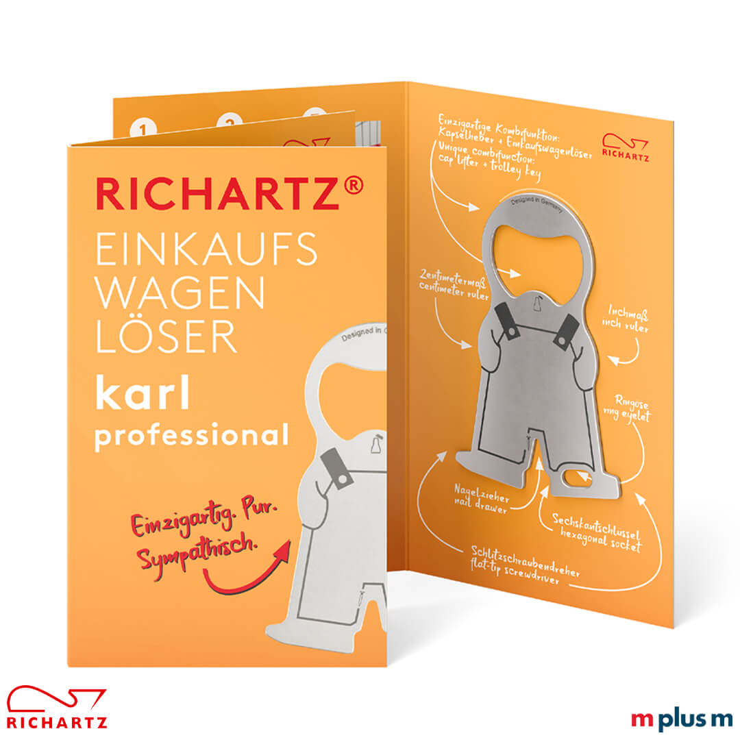 Richartz Einkaufswagenlöser Karl Professional mit individuellem Motiv bedrucken zum verschenken Die Einzelverpackung mit dem Einkaufswagenlöser karl professional als Giveaway. Schon ab 250 Stück kann man auch eine individuelle Klappkarte bestellen.