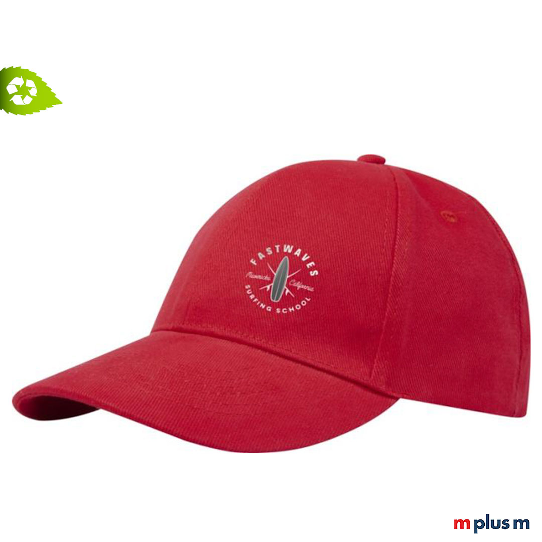 Cap aus 50% Recycling Baumwolle in Rot mit Logo bedrucken