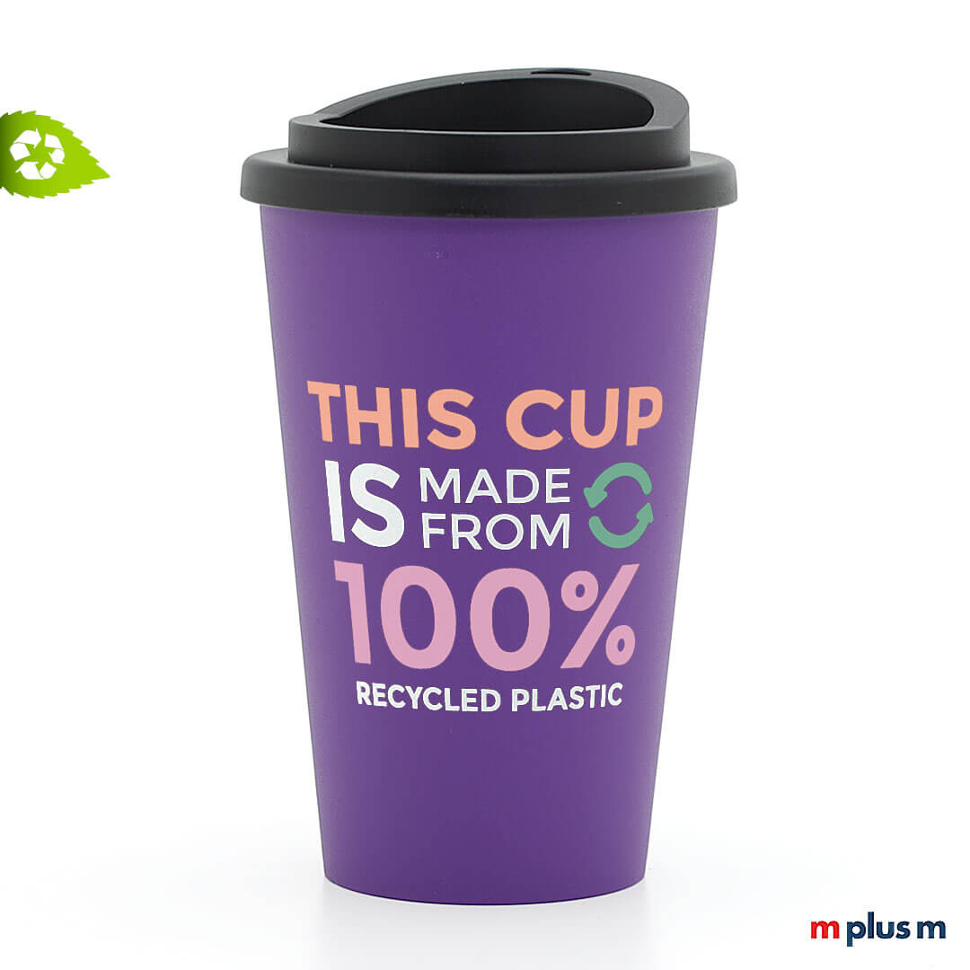 Nachhaltiger Green Coffee Shop Thermobecher in lila mit vierfarbigem Motivdruck