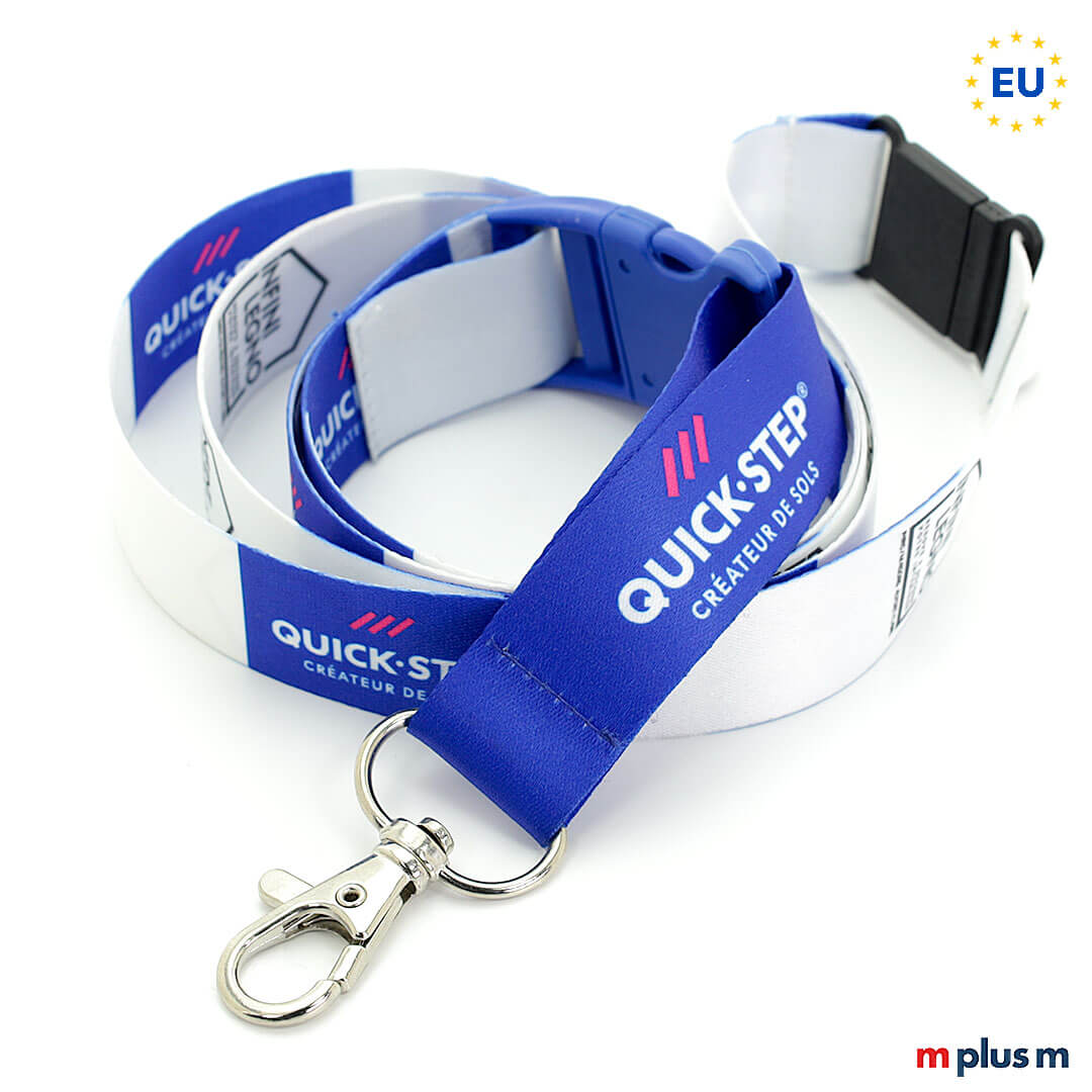 Eco Soft Europa Lanyard weiss blau Günstiges Lanyard und schon in kleinen Mende komplett zu bedrucken. Giveaway aus Europa