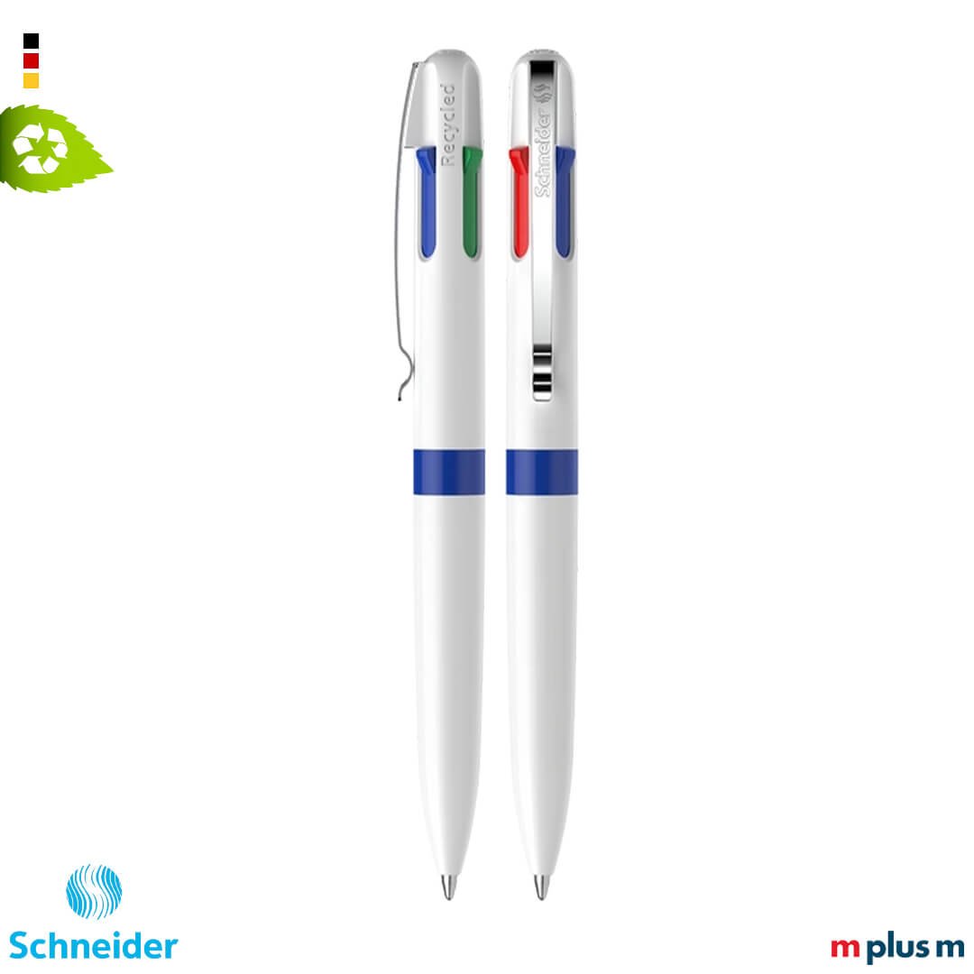 Blauer Schneider Take 4 Promo Kugelschreiber mit vier dokumentenechten Schreibfarben und ergonomischem Design, moderner Werbekugelschreiber mit Logo bedrucken