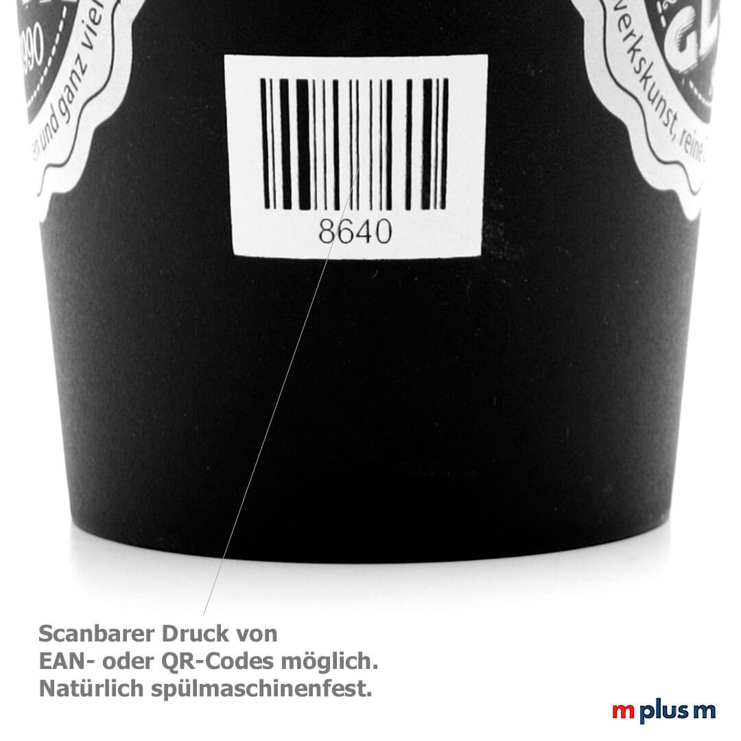 Der Coffee Shop Thermobecher kann auch mit QR- oder Strichcode bedruckt werden Strichcode auf Coffee To Go Becher drucken? Geht spülmaschinenfest auf dem Classic Coffee Shop Thermobecher.
