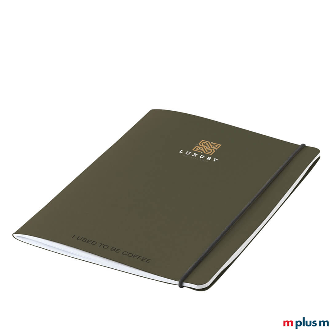 Notizbuch mit Cover aus organischem Recycling mit Logodruck Notizblock bedruckt mit Logo und einem Gummiband als Werbeartikel