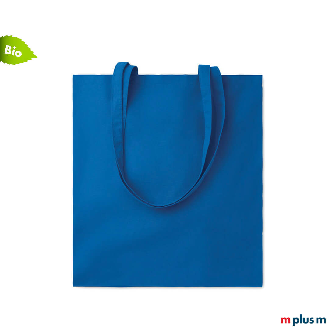 Bio-Baumwolltasche in blau als Werbemittel bedrucken Bio-Baumwolltasche in blau als Werbemittel bedrucken