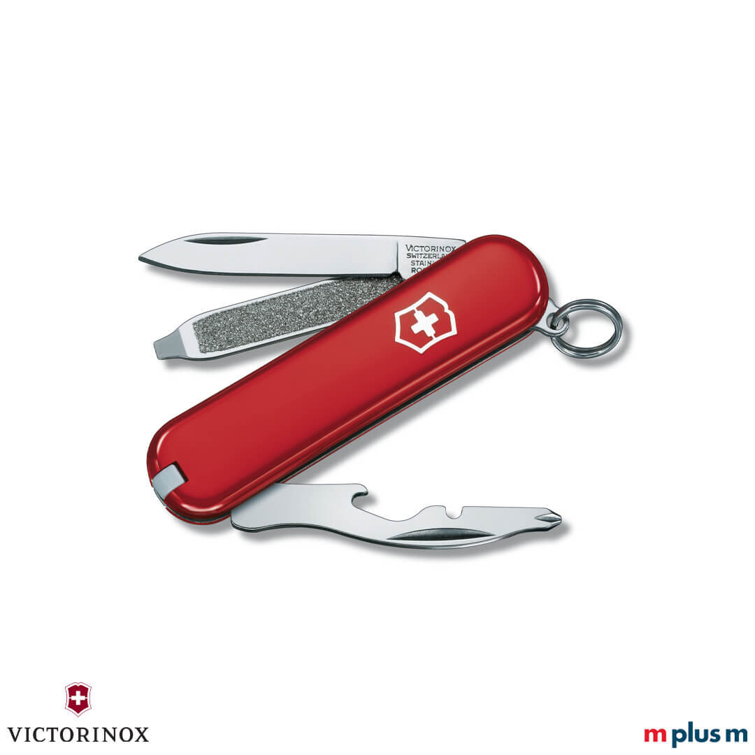 Victorinox Rally Tachenmesser in der Farbe Rot ausgeklappt Kleines und günstiges Schweizer Taschenmesser Rally von Victorinox als Werbeartikel mit Logo bedrucken