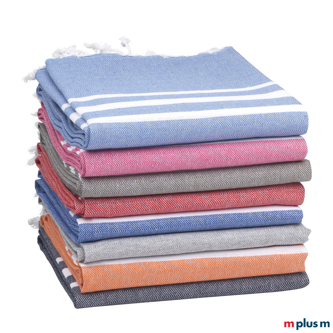 Das 'Hammam' Tuch gibt es in vielen verschiedenen Farben. Es besteht zu 50% aus OEKO-TEX-zertifizierter Baumwolle und zu 50% aus recycelten industriellen Textilabfällen