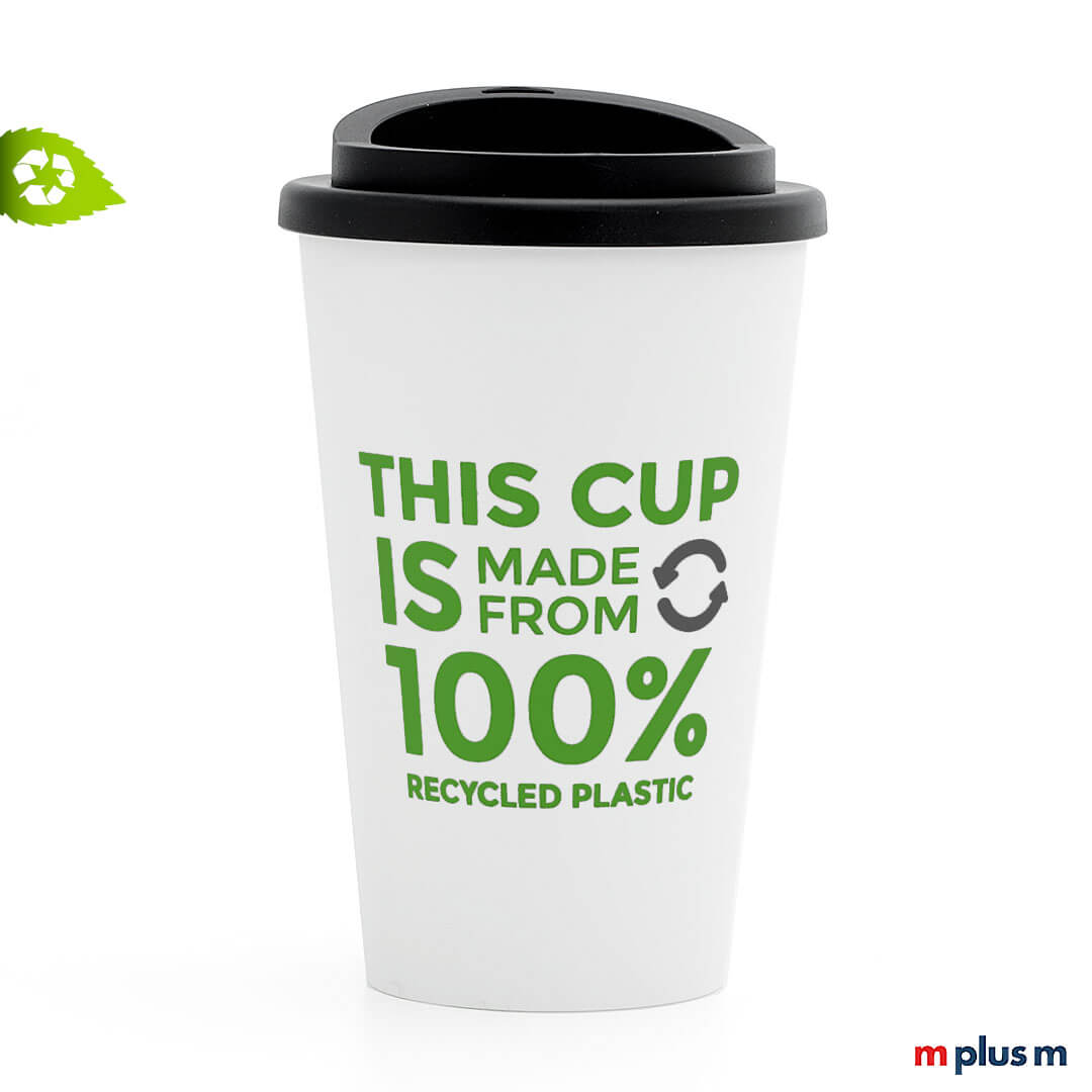 Schön und nachhaltig: Weißer Thermobecher aus Recycling Plastik mit 2c Motiv zu bedrucken