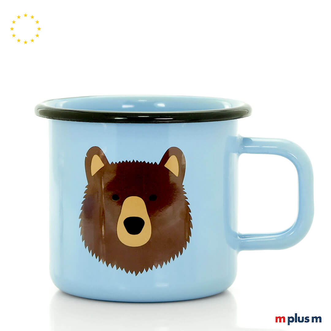 Bären Emaille Tassen Emaille Tassen in Wunschfarbe spülmaschinenfest bedrucken: Hellblaue Tasse mit Bärenmotiv