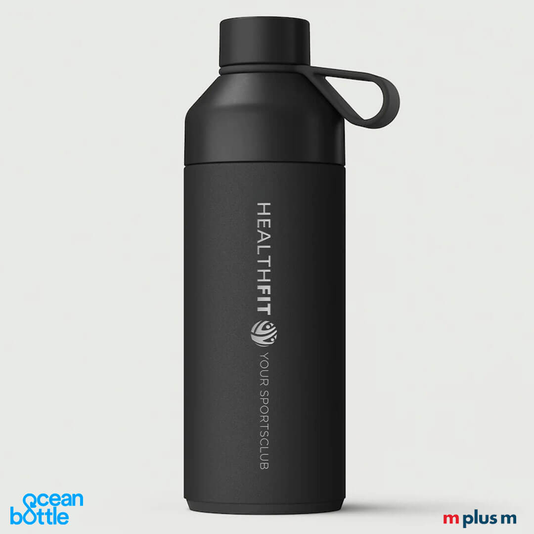 Große Ocean Bottle Isolierflasche in schwarz mit Logo Druck