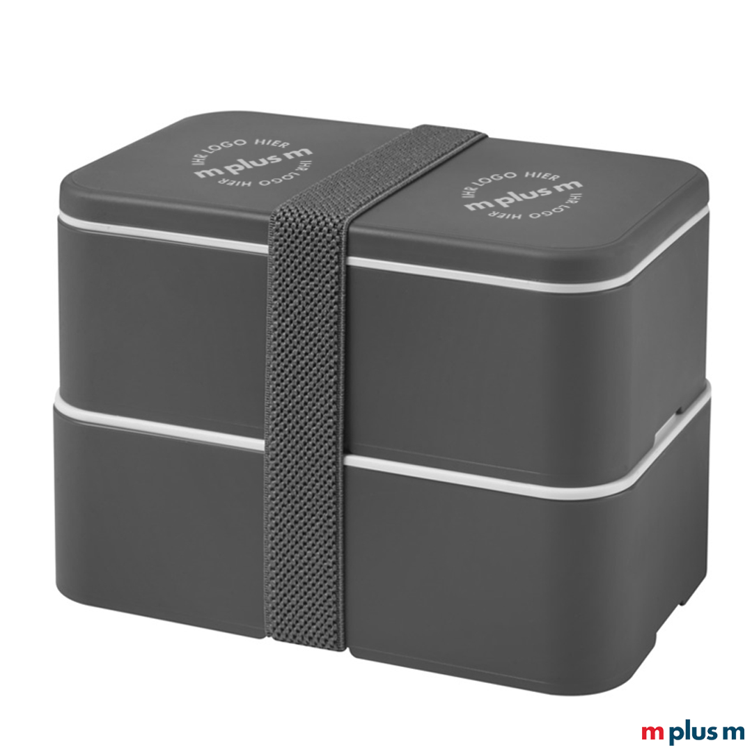 Die nachhaltige Doppel-Lunchbox 'Miyo' sehen Sie hier in der Farbkombination: Box Grau und Recycling-Band Grau als Werbeartikel bedrucken