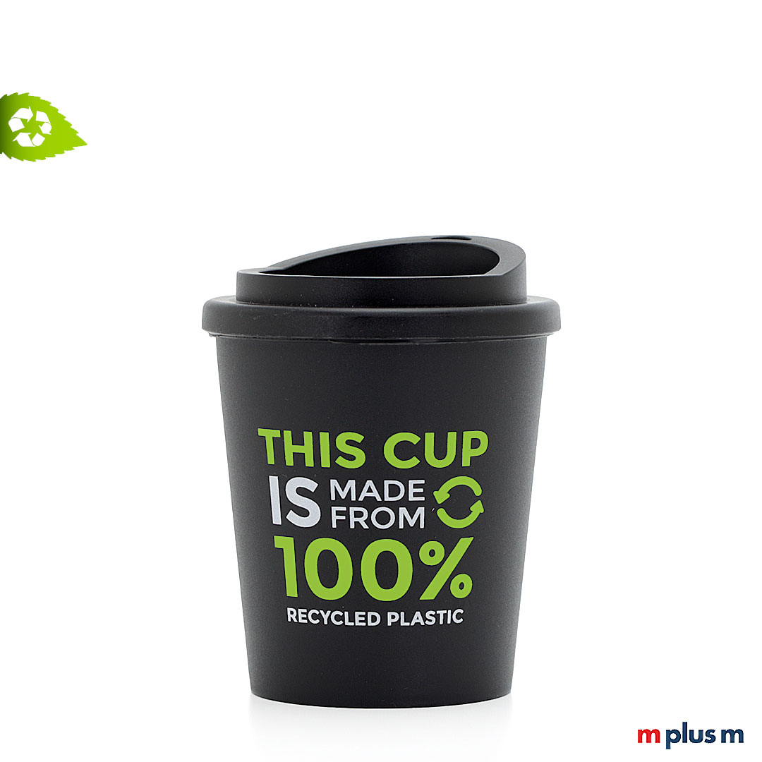 Kleiner Thermobecher aus 100% Recycling Material. Aus Europa, passt unter die Kaffemaschine. Lässt sich toll mit Logo bedrucken. Spülmaschinenfest