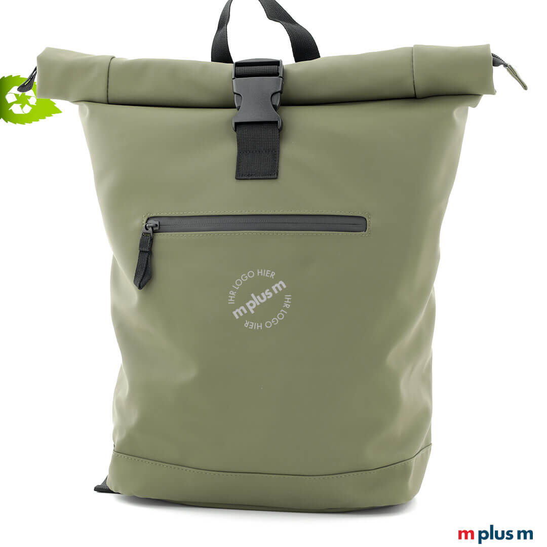 Wasserfester AquaPack Laptop Rucksack Oliv Wasserfester AquaPack Laptop Rucksack aus recycling Material in Farbe Oliv mit Logo Druck